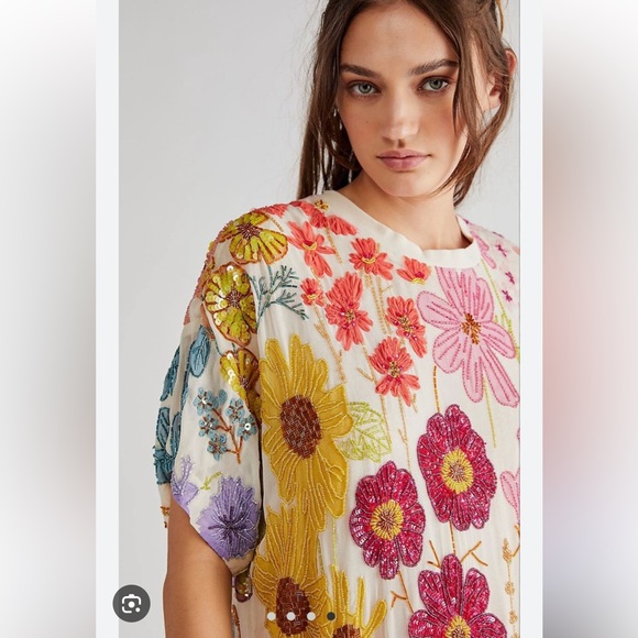 Free People Jewel Embellished Beaded Colorful T Shirt Mini Dress M - Picture 3 of 13